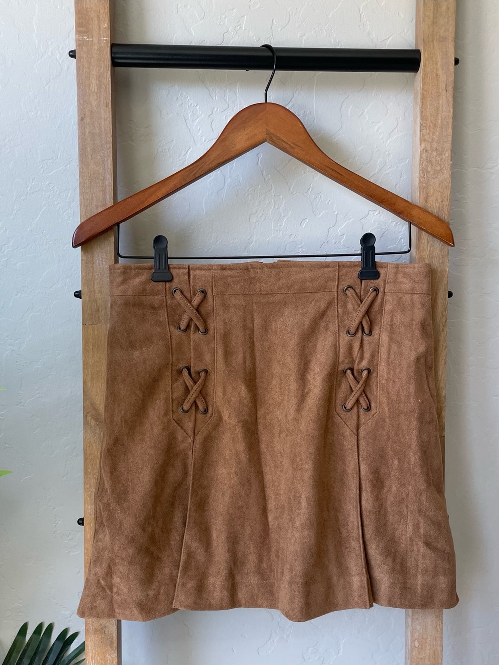 She + Sky Tan Suede-Look Lace-Up Mini Skirt